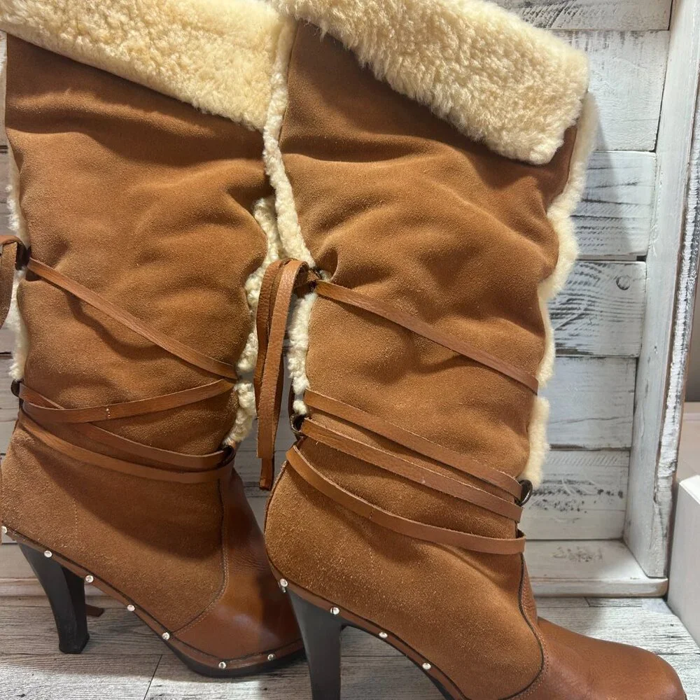 Michael Kors Tan Brown Over-the-Knee Shearling Trim Boots - Picture 2 of 11